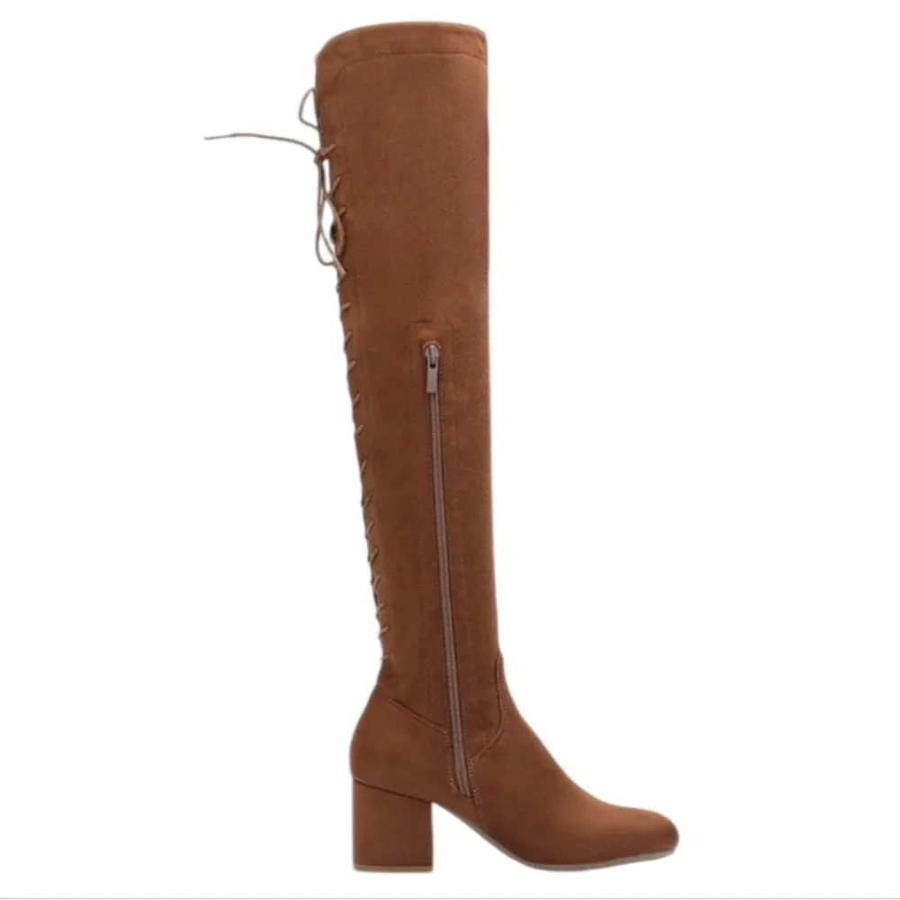 Faux Suede Over The Knee Block Heeled Stretch Boots Camel Full Lace-Up Back‎ 8